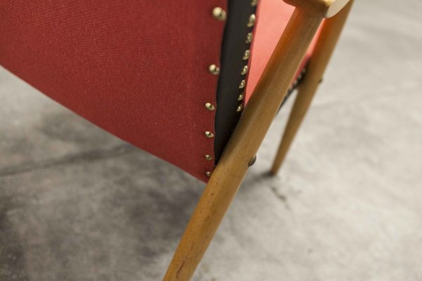 Scandinavian Honey-Colored Beech, Red Fabric & Black Skai Armchair, 1950s-VQY-1152613