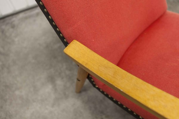 Scandinavian Honey-Colored Beech, Red Fabric & Black Skai Armchair, 1950s-VQY-1152613