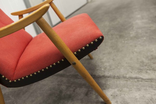 Scandinavian Honey-Colored Beech, Red Fabric & Black Skai Armchair, 1950s-VQY-1152613