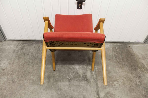 Scandinavian Honey-Colored Beech, Red Fabric & Black Skai Armchair, 1950s-VQY-1152613