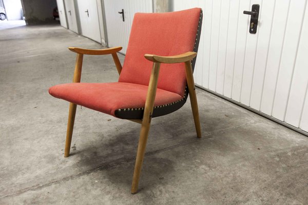 Scandinavian Honey-Colored Beech, Red Fabric & Black Skai Armchair, 1950s-VQY-1152613