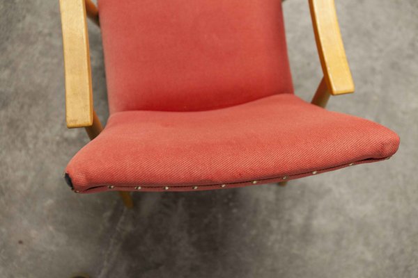 Scandinavian Honey-Colored Beech, Red Fabric & Black Skai Armchair, 1950s-VQY-1152613