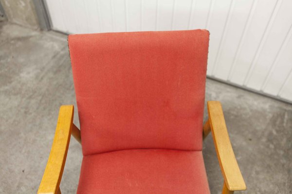 Scandinavian Honey-Colored Beech, Red Fabric & Black Skai Armchair, 1950s-VQY-1152613