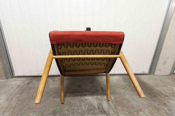 Scandinavian Honey-Colored Beech, Red Fabric & Black Skai Armchair, 1950s-VQY-1152613