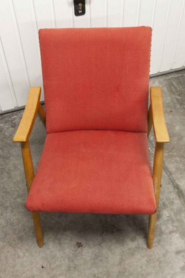 Scandinavian Honey-Colored Beech, Red Fabric & Black Skai Armchair, 1950s-VQY-1152613