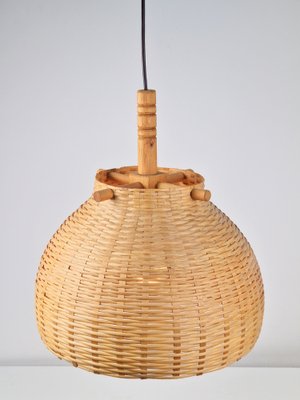 Scandinavian Japandi Style Wicker Rattan and Pine Hanging Lamp, 1960s-1970s-AXJ-1742754