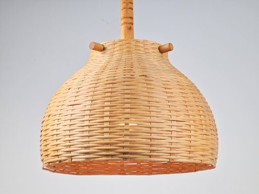 Scandinavian Japandi Style Wicker Rattan and Pine Hanging Lamp, 1960s-1970s-AXJ-1742754