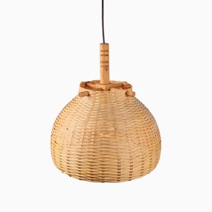 Scandinavian Japandi Style Wicker Rattan and Pine Hanging Lamp, 1960s-1970s-AXJ-1742754