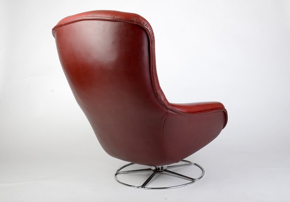 Scandinavian Leather & Chrome Base Swivel Lounge Chair, 1970s-VHD-1215935