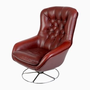 Scandinavian Leather & Chrome Base Swivel Lounge Chair, 1970s-VHD-1215935