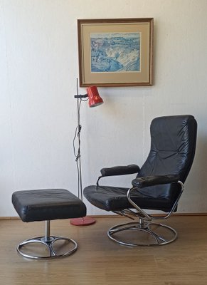 Scandinavian Leather Lounge Chair with Footstool, 1970s, Set of 2-ZEF-1821847