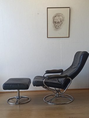 Scandinavian Leather Lounge Chair with Footstool, 1970s, Set of 2-ZEF-1821847