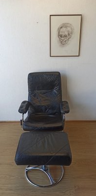 Scandinavian Leather Lounge Chair with Footstool, 1970s, Set of 2-ZEF-1821847