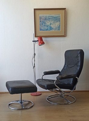 Scandinavian Leather Lounge Chair with Footstool, 1970s, Set of 2-ZEF-1821847