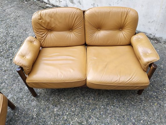 Scandinavian Leather Sofas and Lounge Chair, 1970s, Set of 3-EAD-1742690