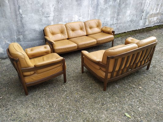 Scandinavian Leather Sofas and Lounge Chair, 1970s, Set of 3-EAD-1742690