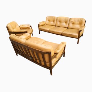 Scandinavian Leather Sofas and Lounge Chair, 1970s, Set of 3-EAD-1742690