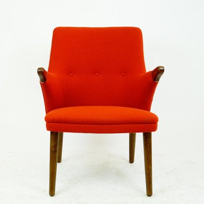 Scandinavian Mini Bear Teak Lounge Chair with New Red Fabric by Svend Skipper-MH-876868