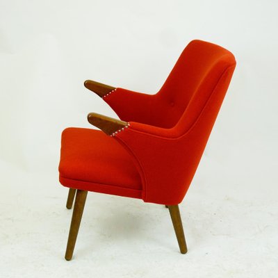 Scandinavian Mini Bear Teak Lounge Chair with New Red Fabric by Svend Skipper-MH-876868