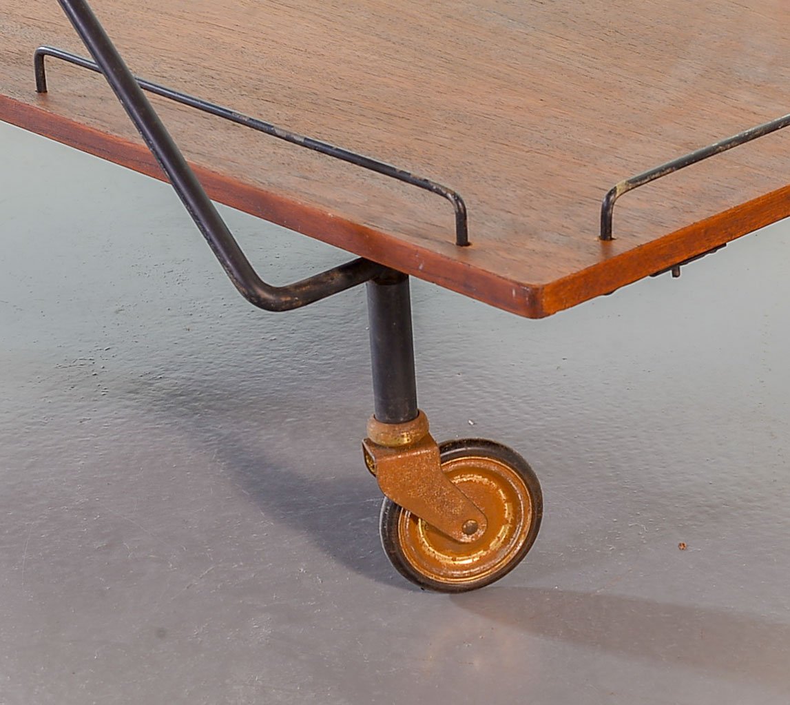 Scandinavian Minimalist Foldable and Mobile Teak Tea Trolley on Black Steel Frame, 1950s