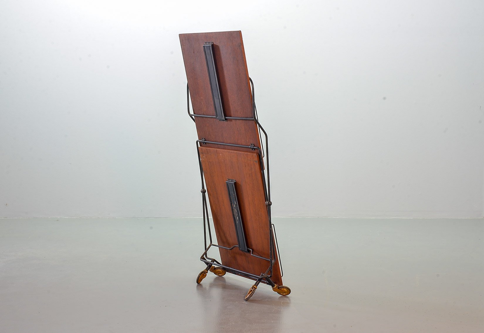 Scandinavian Minimalist Foldable and Mobile Teak Tea Trolley on Black Steel Frame, 1950s