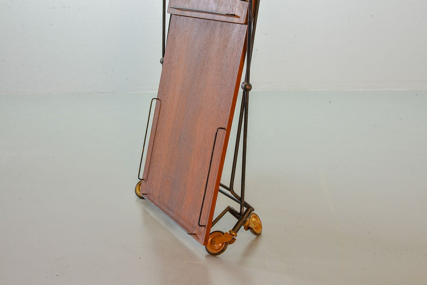 Scandinavian Minimalist Foldable and Mobile Teak Tea Trolley on Black Steel Frame, 1950s