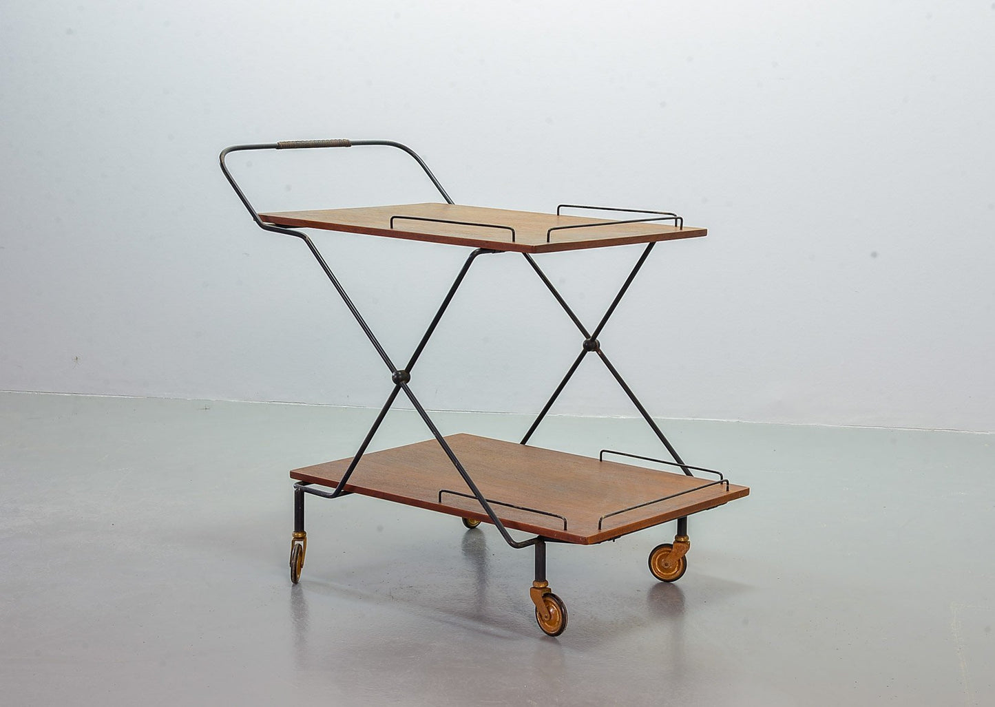 Scandinavian Minimalist Foldable and Mobile Teak Tea Trolley on Black Steel Frame, 1950s