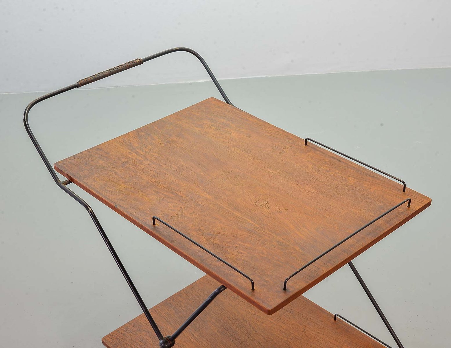 Scandinavian Minimalist Foldable and Mobile Teak Tea Trolley on Black Steel Frame, 1950s