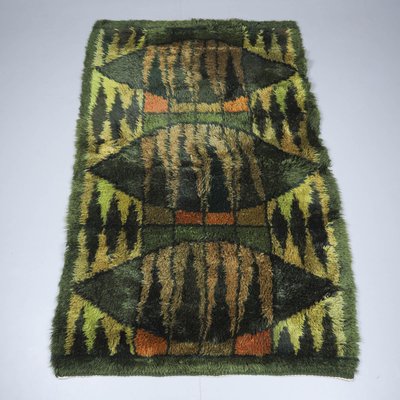 Scandinavian Modern High Pile Green Rya Rug, Sweden, 1960s-RUK-2026670