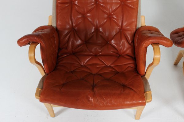 Scandinavian Modern Pernilla Easy Chairs in Steam Bend Beech with Cognac Colored Leather Cushions by Bruno Mathsson, for Dux, Sweden, 1970s, Set of 2-QQ-2022460