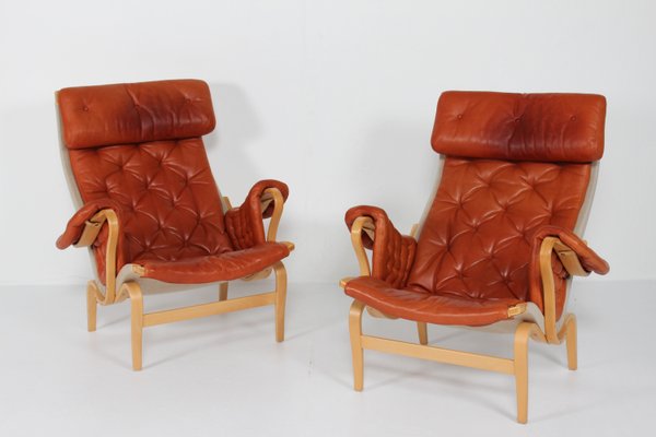 Scandinavian Modern Pernilla Easy Chairs in Steam Bend Beech with Cognac Colored Leather Cushions by Bruno Mathsson, for Dux, Sweden, 1970s, Set of 2-QQ-2022460