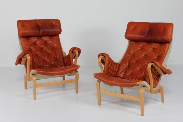 Scandinavian Modern Pernilla Easy Chairs in Steam Bend Beech with Cognac Colored Leather Cushions by Bruno Mathsson, for Dux, Sweden, 1970s, Set of 2-QQ-2022460