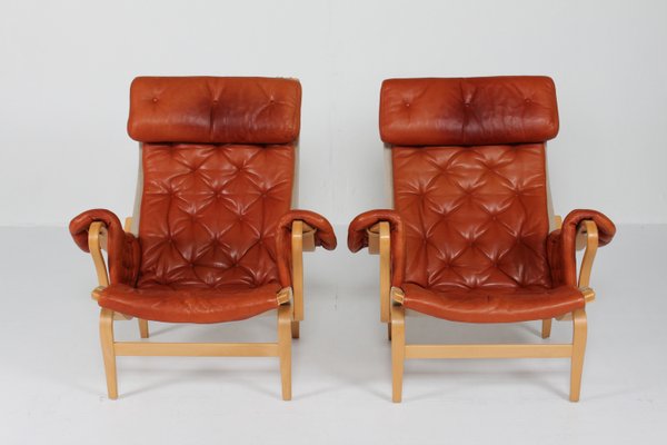 Scandinavian Modern Pernilla Easy Chairs in Steam Bend Beech with Cognac Colored Leather Cushions by Bruno Mathsson, for Dux, Sweden, 1970s, Set of 2-QQ-2022460