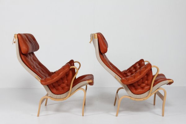 Scandinavian Modern Pernilla Easy Chairs in Steam Bend Beech with Cognac Colored Leather Cushions by Bruno Mathsson, for Dux, Sweden, 1970s, Set of 2-QQ-2022460