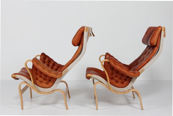 Scandinavian Modern Pernilla Easy Chairs in Steam Bend Beech with Cognac Colored Leather Cushions by Bruno Mathsson, for Dux, Sweden, 1970s, Set of 2-QQ-2022460