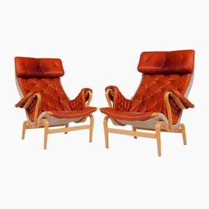 Scandinavian Modern Pernilla Easy Chairs in Steam Bend Beech with Cognac Colored Leather Cushions by Bruno Mathsson, for Dux, Sweden, 1970s, Set of 2-QQ-2022460