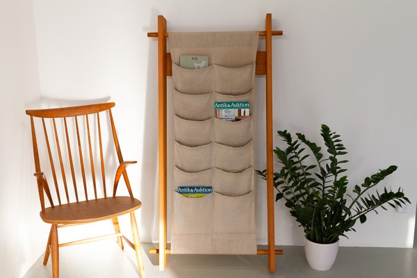 Scandinavian Modern Pine and Canvas Magazine Rack, 1970s-WIX-1801448