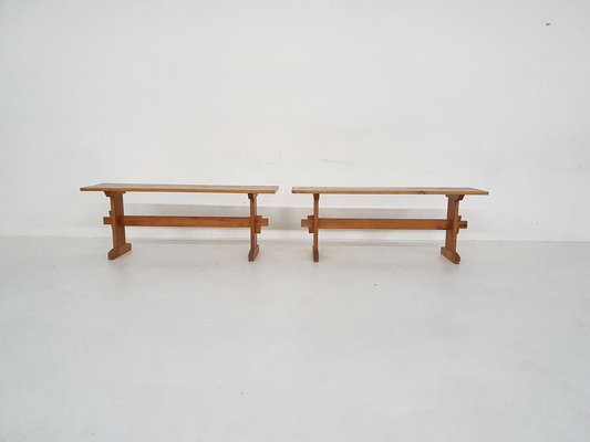 Scandinavian Modern Pine Wood Benches, 1960s, Set of 2-ZO-1232371