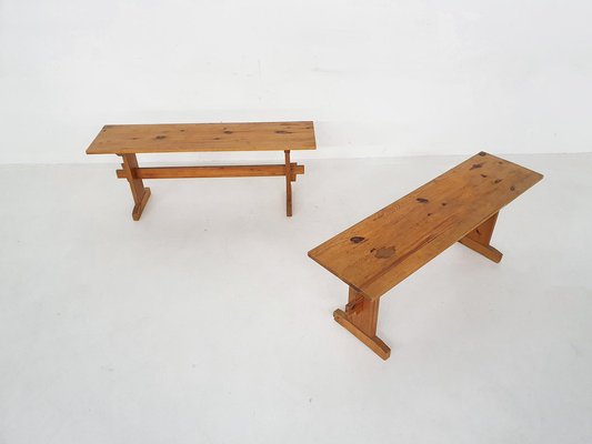 Scandinavian Modern Pine Wood Benches, 1960s, Set of 2-ZO-1232371