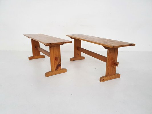 Scandinavian Modern Pine Wood Benches, 1960s, Set of 2-ZO-1232371