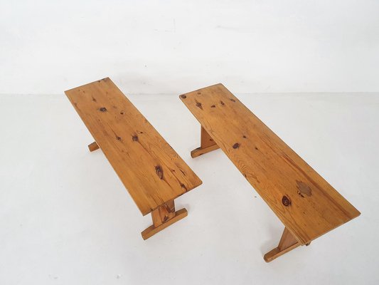 Scandinavian Modern Pine Wood Benches, 1960s, Set of 2-ZO-1232371