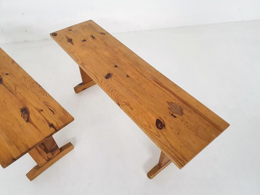 Scandinavian Modern Pine Wood Benches, 1960s, Set of 2-ZO-1232371