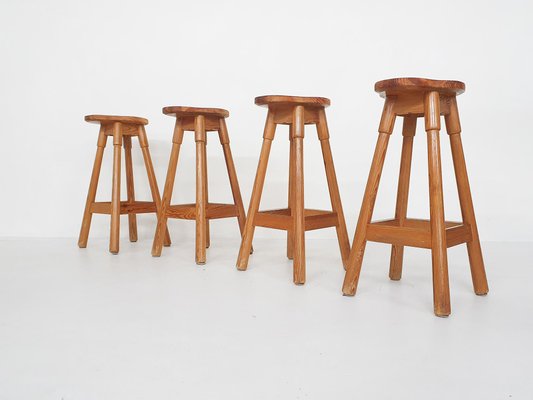 Scandinavian Modern Pinewood Bar Stools, 1970s, Set of 4-ZO-1076512