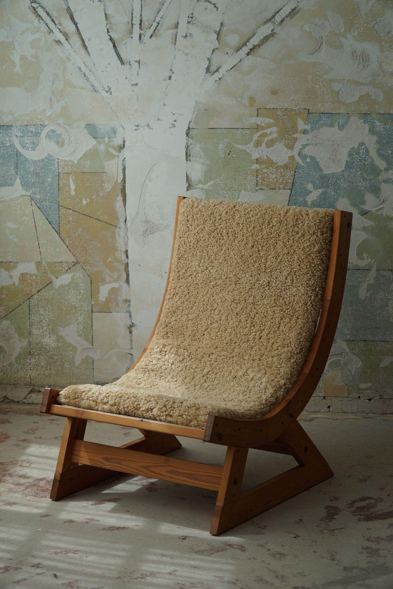 Scandinavian Modern Safari Lounge Chair in Canvas, Lambswool & Pine, 1960s