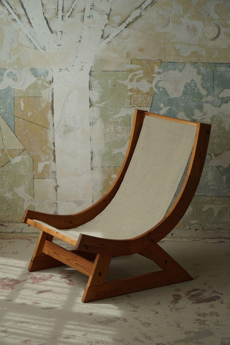 Scandinavian Modern Safari Lounge Chair in Canvas, Lambswool & Pine, 1960s