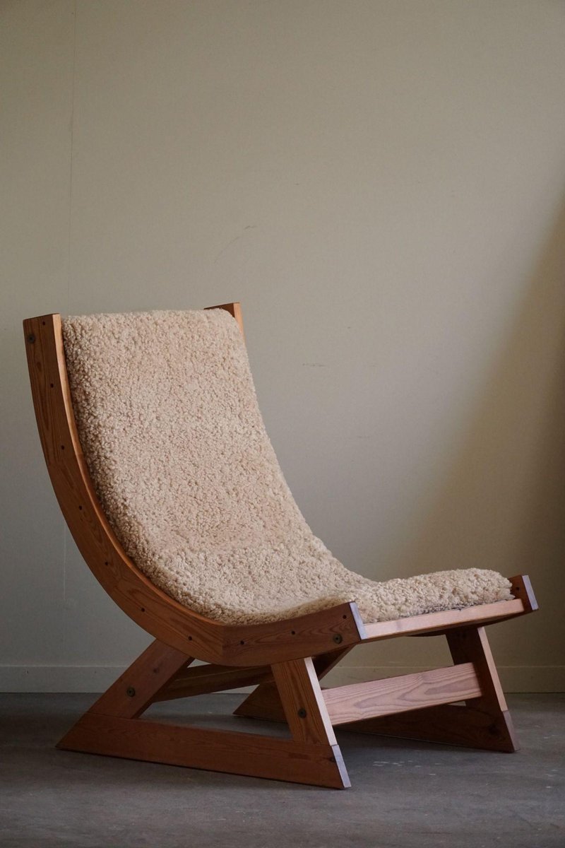 Scandinavian Modern Safari Lounge Chair in Canvas, Lambswool & Pine, 1960s