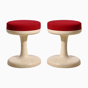 Scandinavian Modern Stools with Red Fabric Upholstery, 1960s, Set of 2-SA-1003444