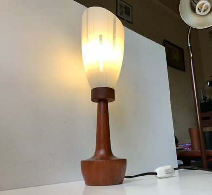 Scandinavian Modern Teak, Brass, and Striped Glass Table Lamp, 1960s-LCR-706462