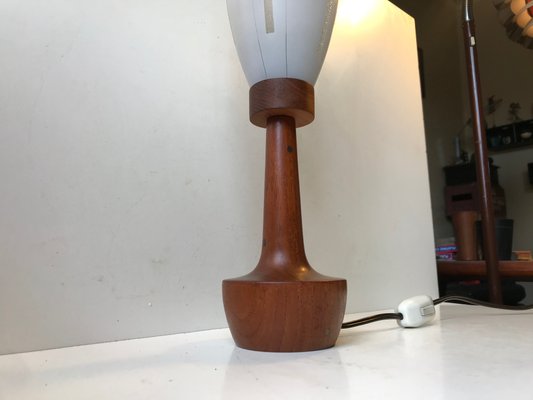 Scandinavian Modern Teak, Brass, and Striped Glass Table Lamp, 1960s-LCR-706462