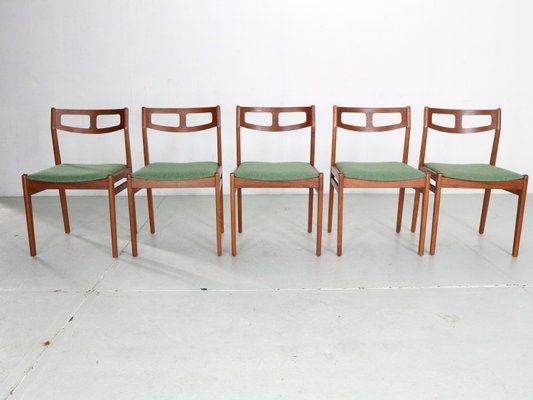 Scandinavian Modern Teak & Green Upholstery Dining Chairs, 1960, Set of 5-DT-2026173